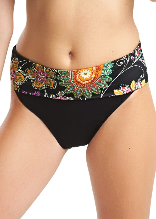Black bikini bottom with colorful floral pattern on a white background