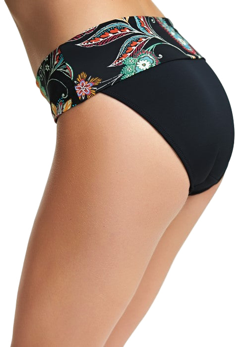 Black bikini bottom with colorful floral pattern on a white background