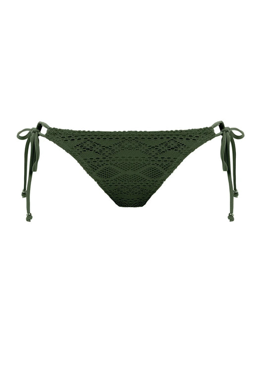 Green crochet bikini bottom on a white background