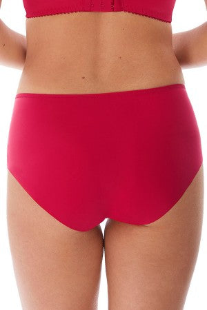 Red high-waisted bikini bottom on a white background