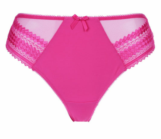 Pink lace-trimmed underwear on a white background