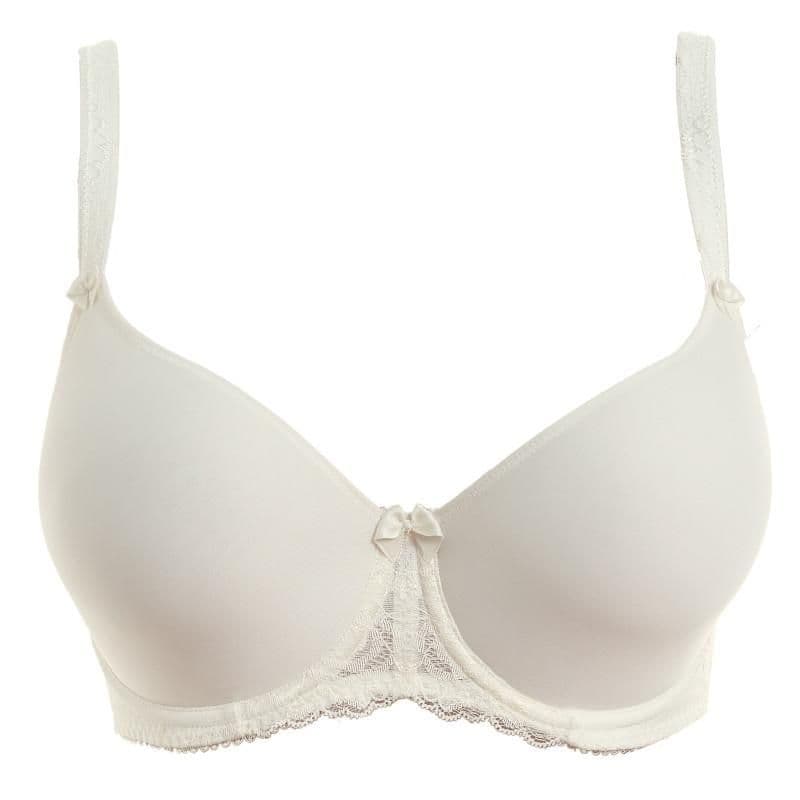 White bra with lace details on a white background