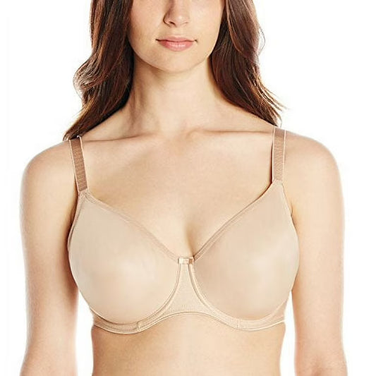 Beige bra worn by a model on a white background