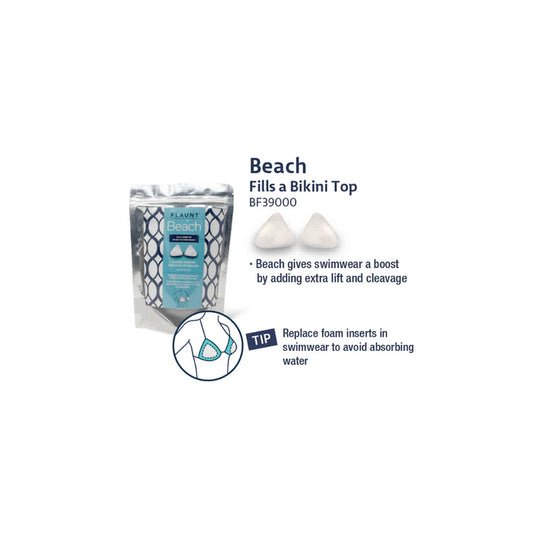 Product packaging for bikini top filler with text and branding on a white background