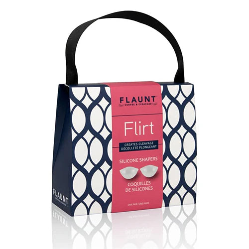 Box of Flaunt Flirt silicone shapers with decorative navy and white packaging.