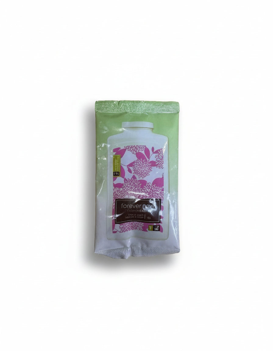 Product packaging with a pink floral design on a white background