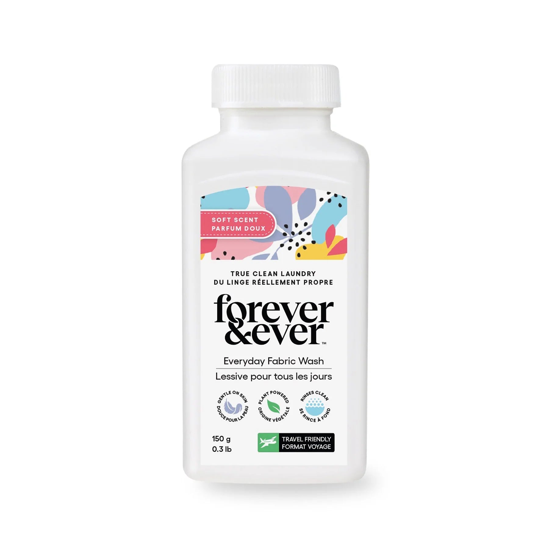 Bottle of 'forever & ever' fabric wash on a white background