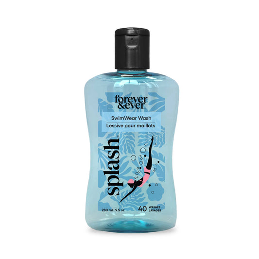 Bottle of 'forever & ever' swimwear wash with blue label on a white background
