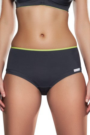 Black underwear with a green waistband on a white background