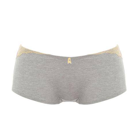 Gray boxer briefs with beige accents on a white background