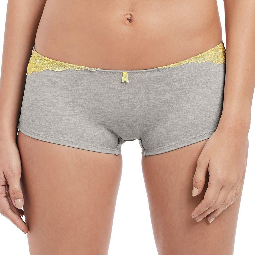 Gray underwear with yellow lace trim on a white background