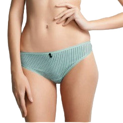 Two women wearing purple and green ribbed lingerie sets on a plain background