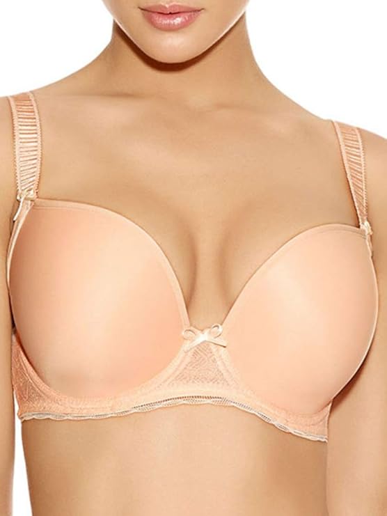 Beige bra worn by a model on a white background