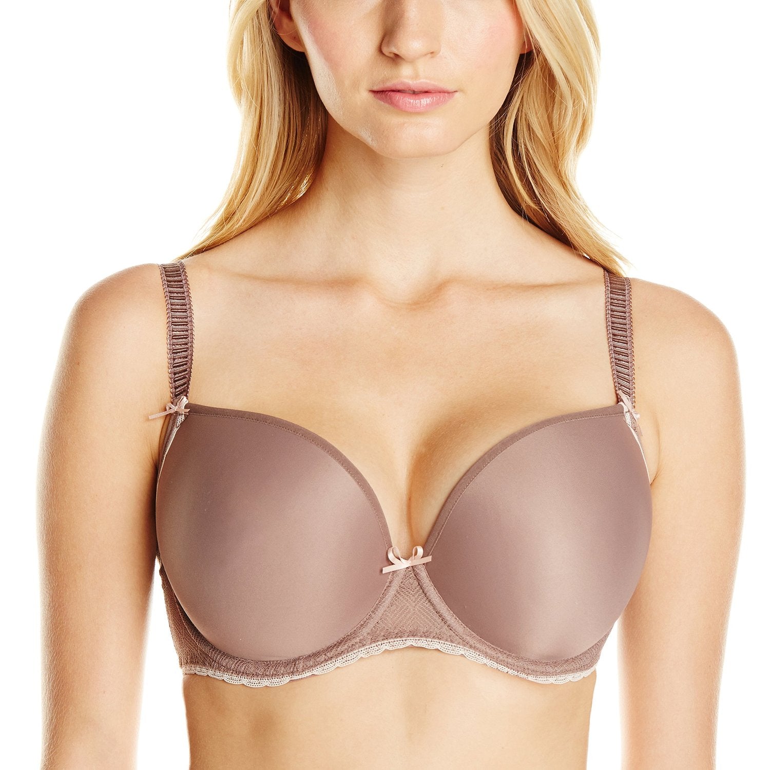 Woman wearing a brown bra on a white background