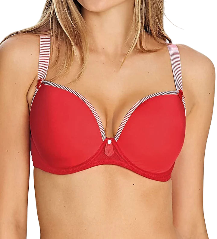 Red bra with white straps on a model against a white background