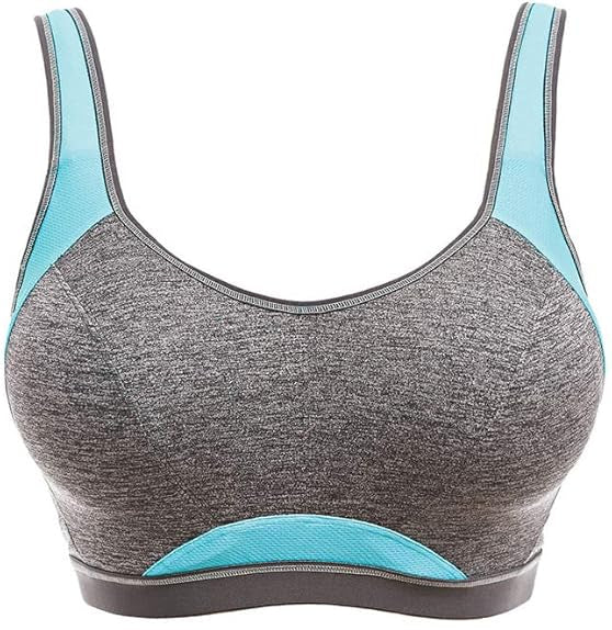 Gray sports bra with blue accents on a white background