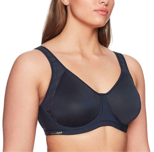 Black bra worn by a model on a white background