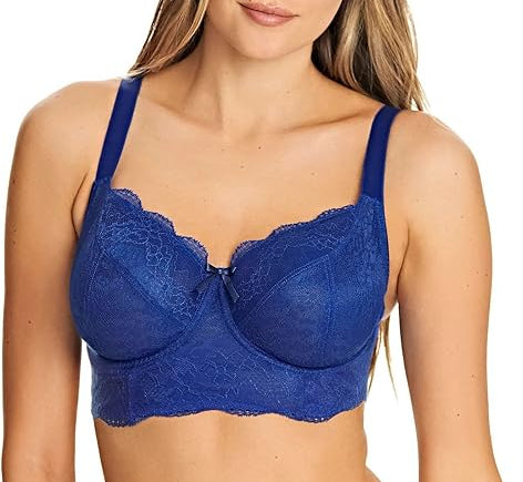 Woman wearing a blue bra against a white background