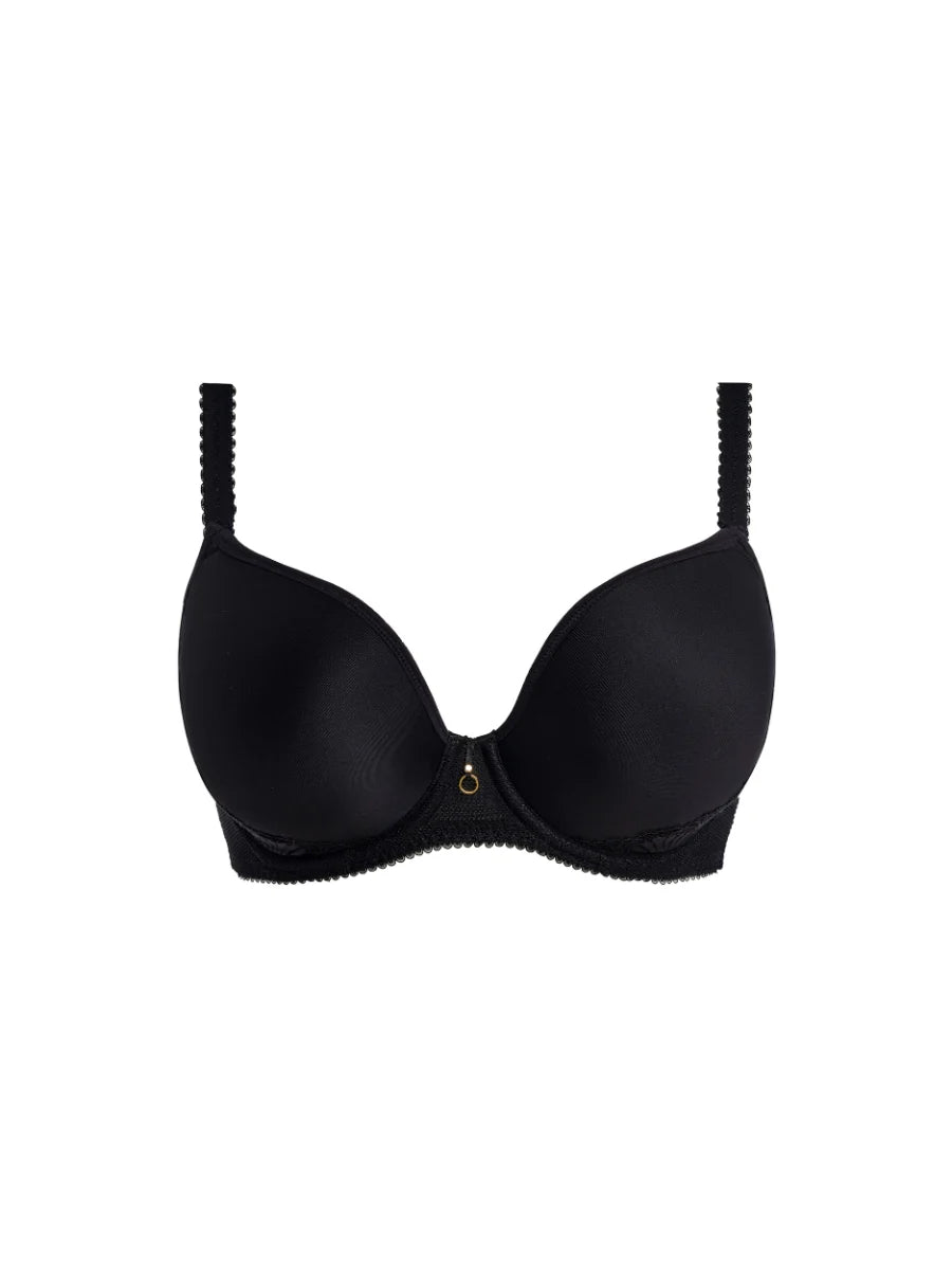 Black bra with gold accents on a white background
