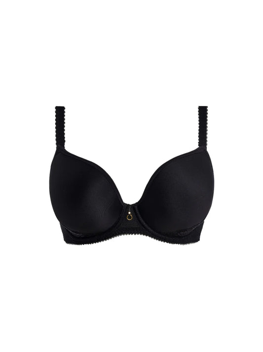 Black bra with gold accents on a white background