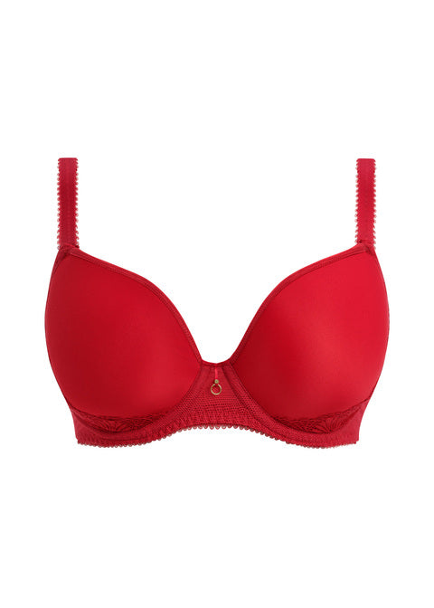 Red bra with lace trim on a white background