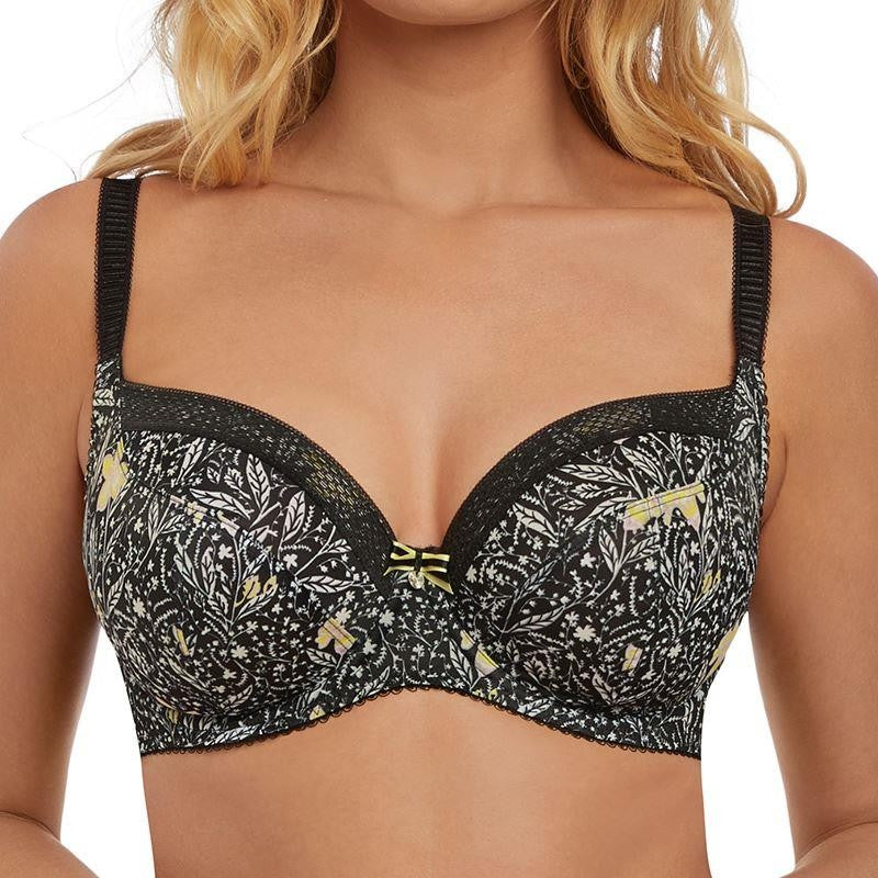 Black floral-patterned bra worn by a model on a white background