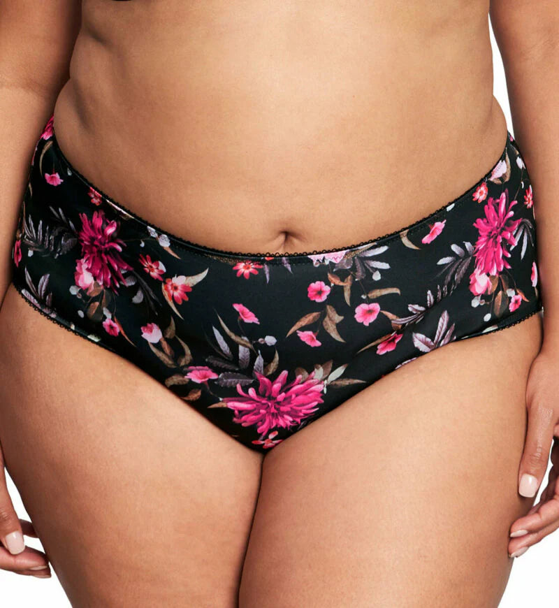 Floral-patterned black bikini bottom on a white background