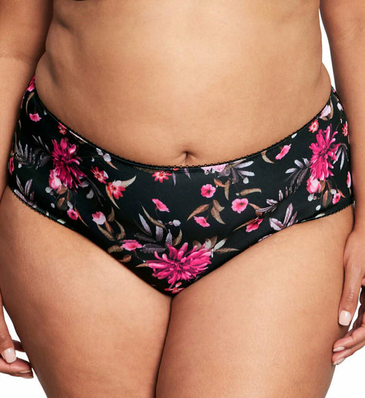 Floral-patterned black bikini bottom on a white background