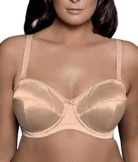 Beige bra worn by a model against a neutral background