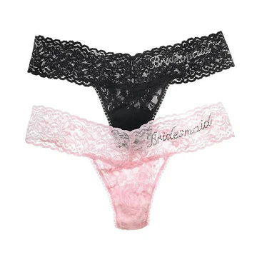 Black and pink lace lingerie sets with 'Bridesmaid' text on a white background