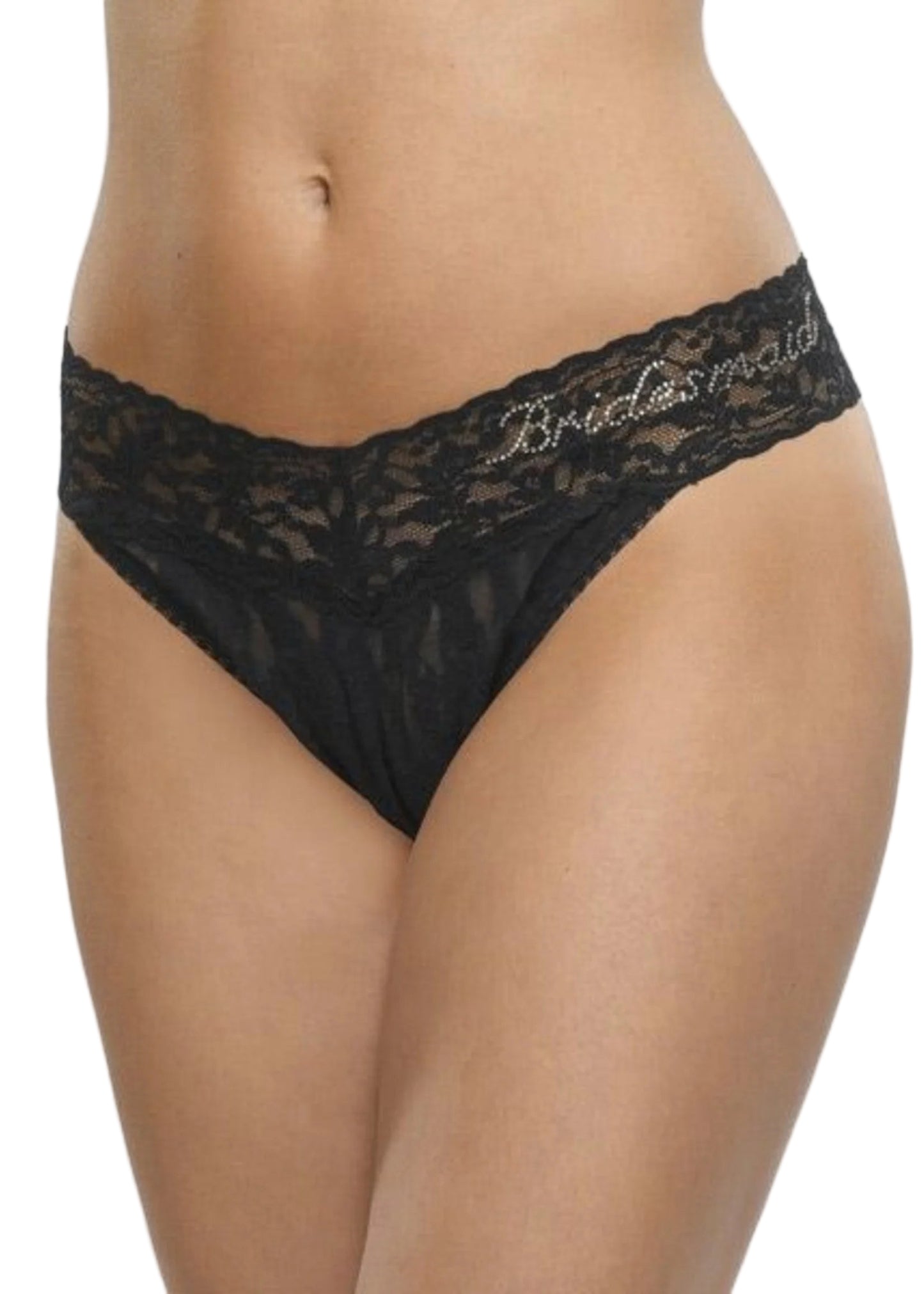Black lace lingerie with 'Bridesmaid' embroidery on a white background