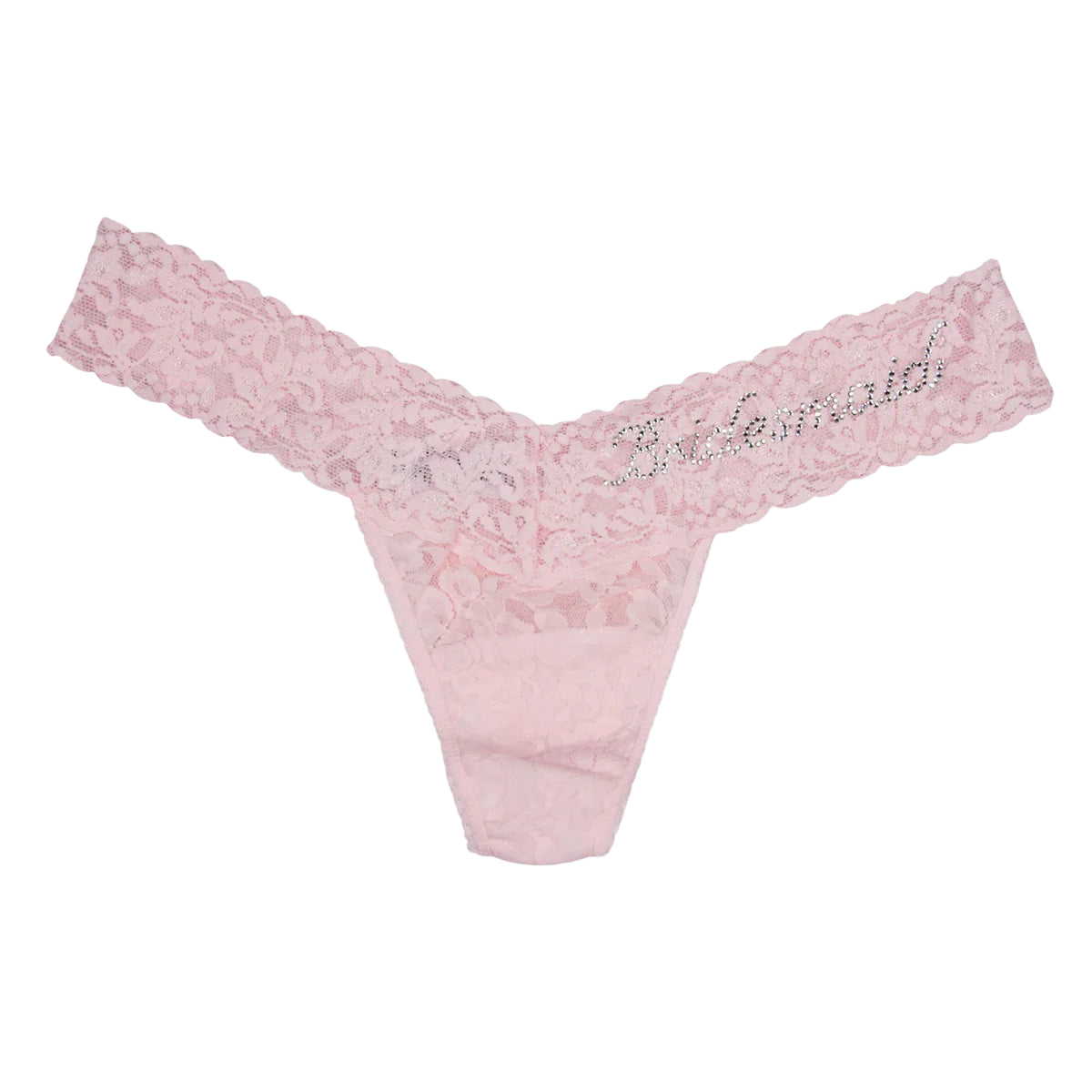 Pink lace thong with 'Bridesmaid' embroidery on a white background