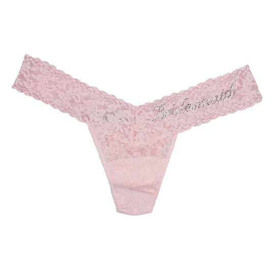 Pink lace thong with 'Bridesmaid' embroidery on a white background