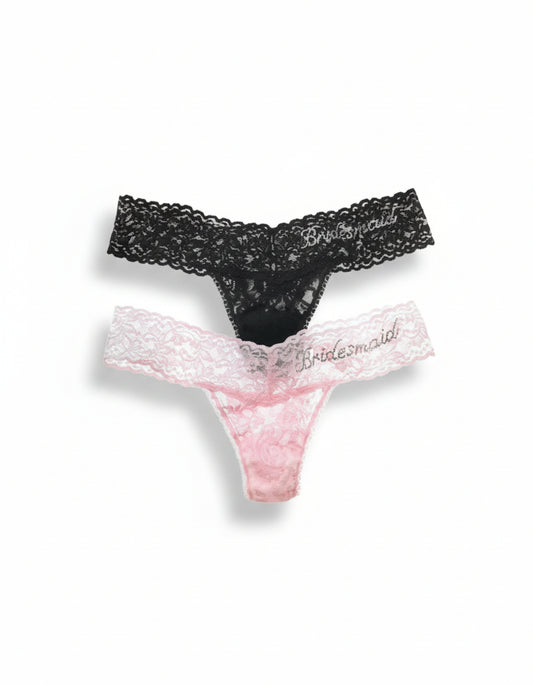 Black and pink lace thongs with 'Bridesmaid' text on a white background