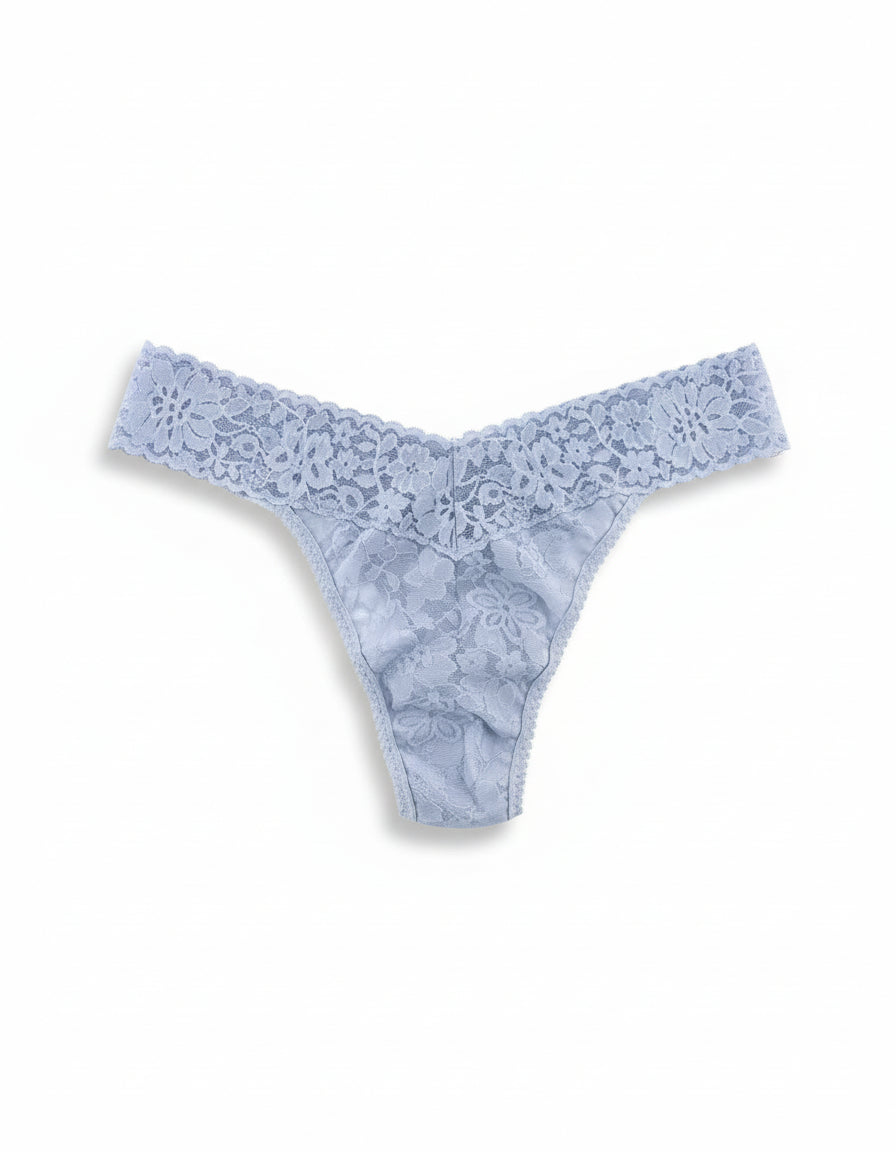Blue lace thong on a white background