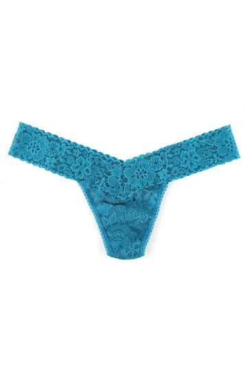 Teal lace thong on a white background