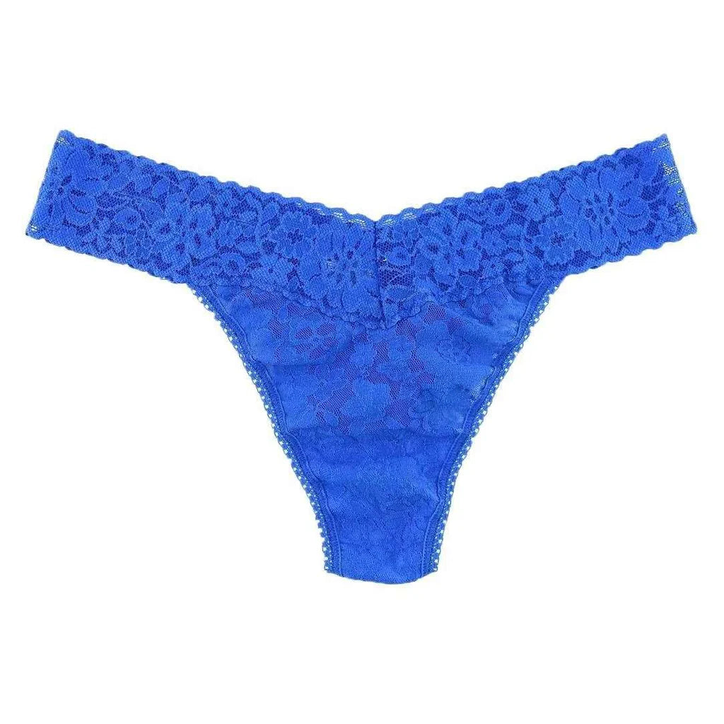 Blue lace thong on a white background
