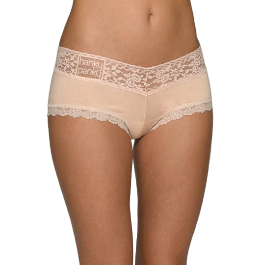 Beige lace underwear with 'Hanky Panky' branding on a plain background