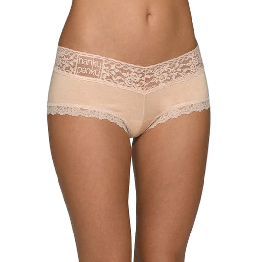Beige lace underwear with 'Hanky Panky' branding on a plain background
