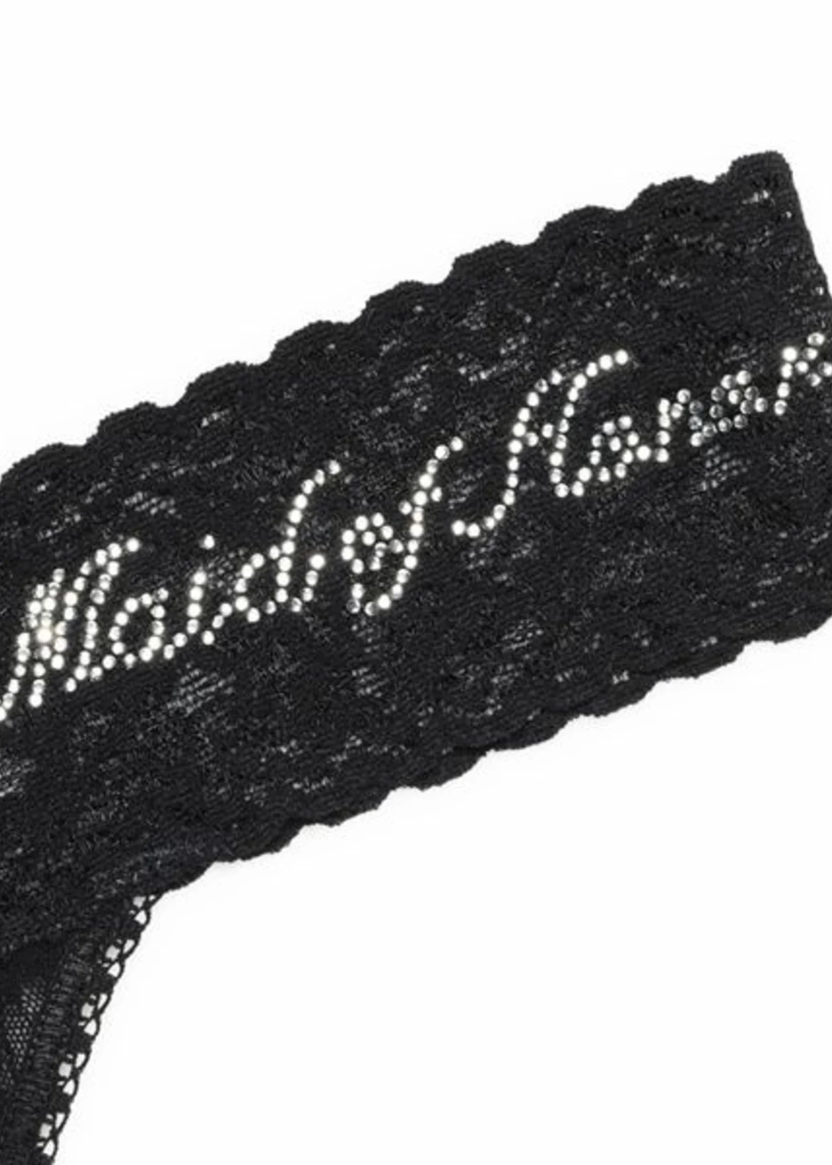 Black lace garment with 'Maids of Honor' text on a white background