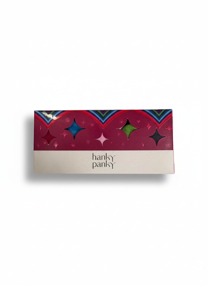 Hanky Panky underwear packaging with colorful pattern on a pink background