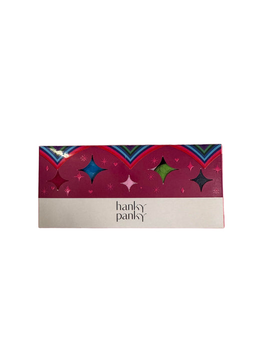 Hanky Panky underwear packaging with colorful pattern on a pink background