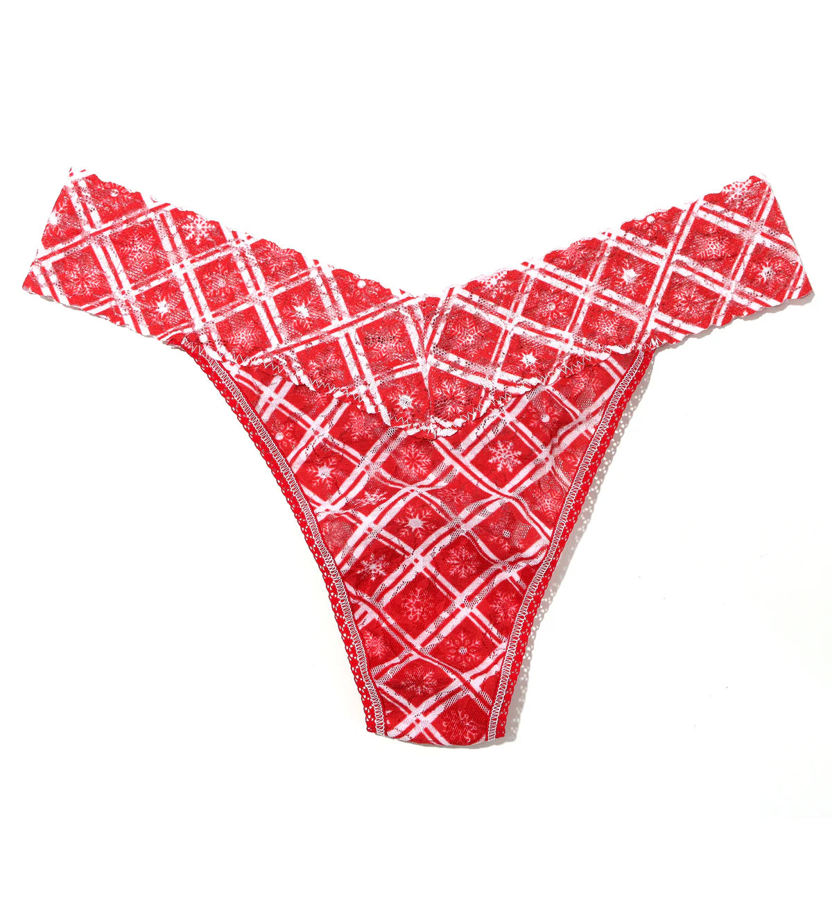 Red and white plaid patterned bikini bottom on a white background