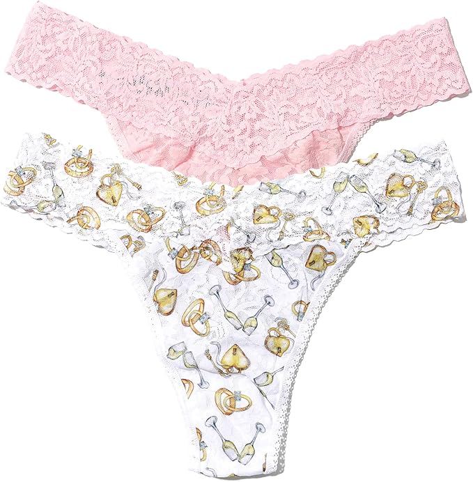 Set of women's underwear with pink lace top and gold and clear design on white background