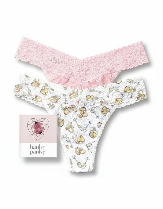 White underwear with gold heart patterns and pink lace trim, branded 'hanky panky', on a white background.