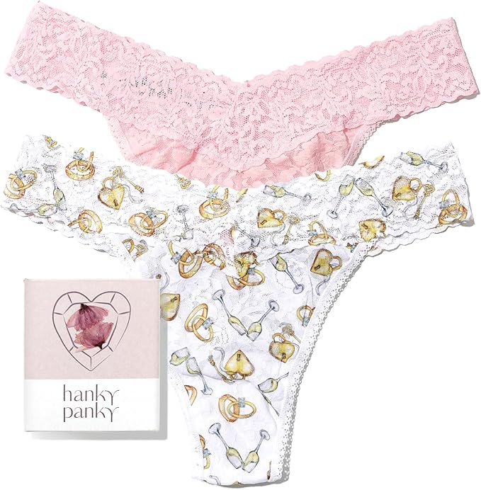 Lace-patterned underwear with pink waistband and 'hanky panky' branding.