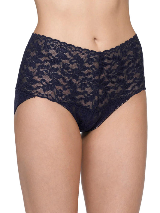 Navy lace underwear on a white background