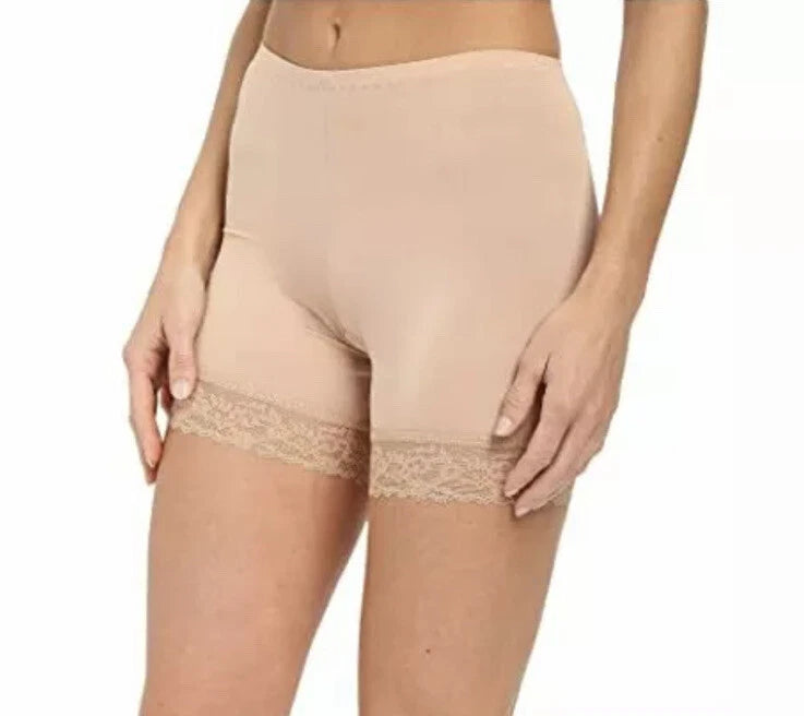 Beige shapewear shorts with lace trim on a white background