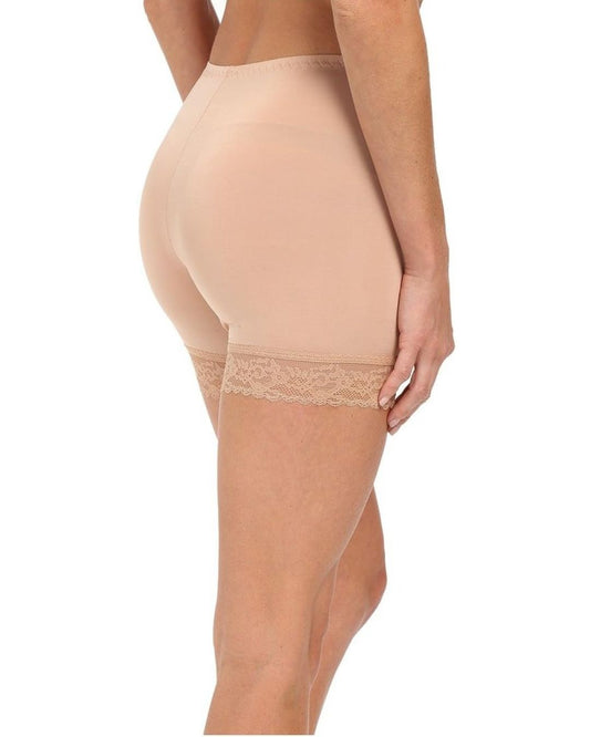 Beige shapewear with lace trim on a white background