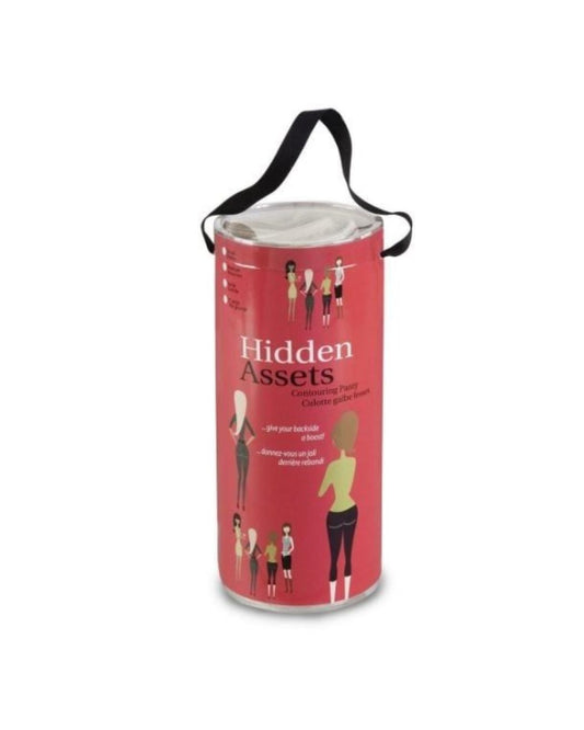  cylindrical product with 'Hidden Assets' text and illustrations on a white background